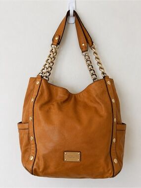 Michael Kors Soft Leather Chain Strap Tote Bag Camel Tan Large Hobo